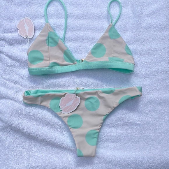 Lolli Swim | Ivory and Aqua Green polka dot Top and Bottom - Picture 2 of 6